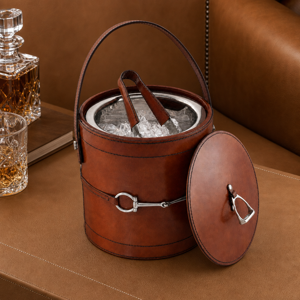 Premium Genuine Leather Bit Lidded Ice Bucket 4