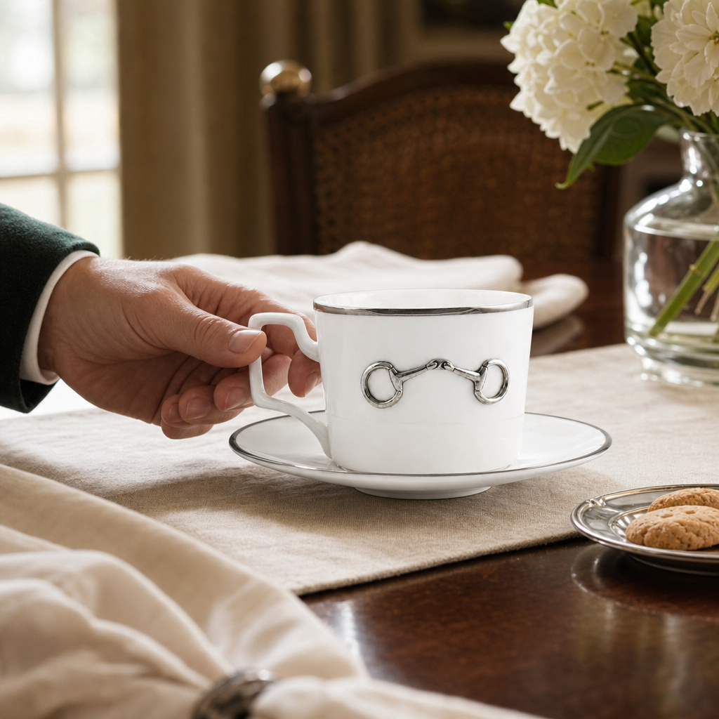 Pewter Bit Bone China Cup and Saucer Platinum Rim 4