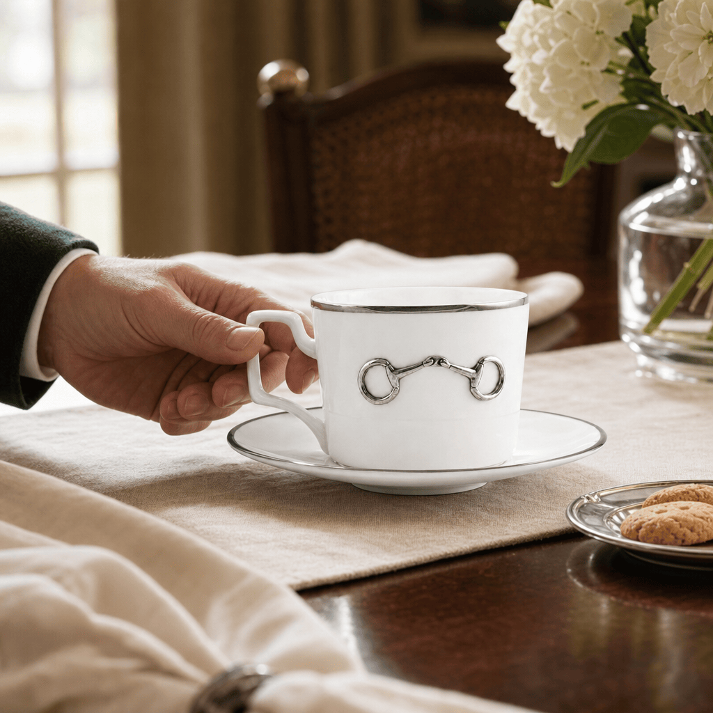 Pewter Bit Bone China Cup and Saucer Platinum Rim 4