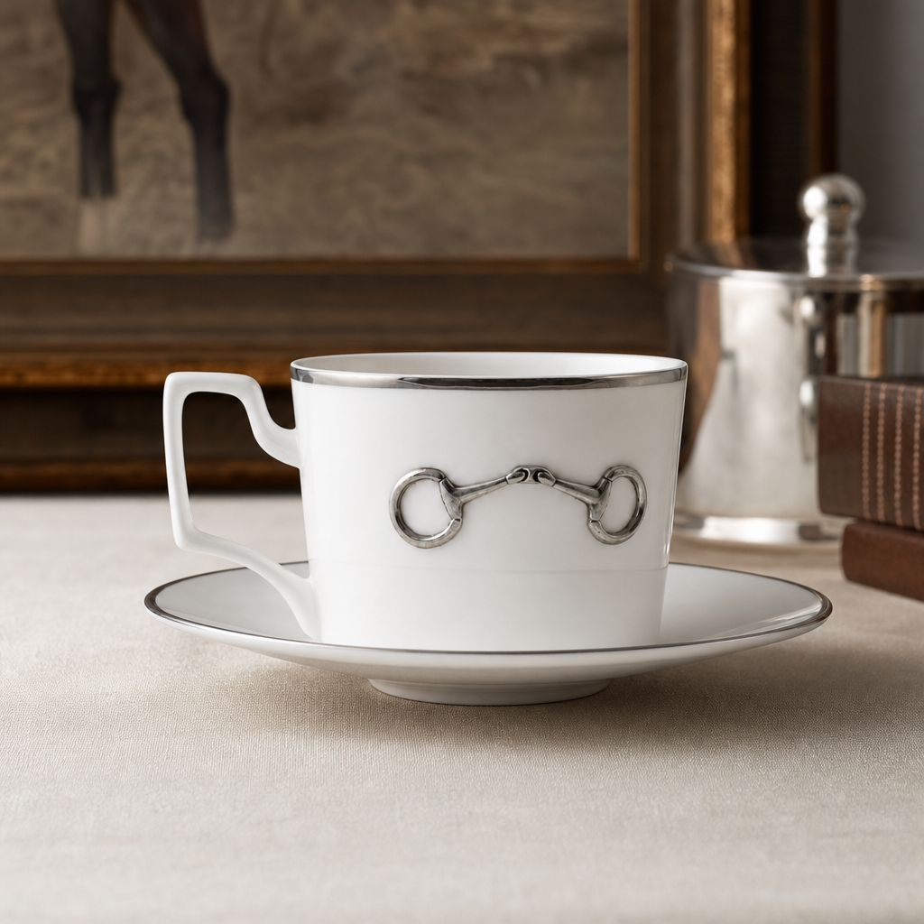 Pewter Bit Bone China Cup and Saucer Platinum Rim 2