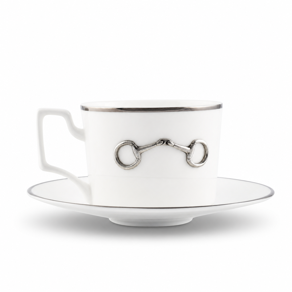Pewter Bit Bone China Cup and Saucer Platinum Rim 1