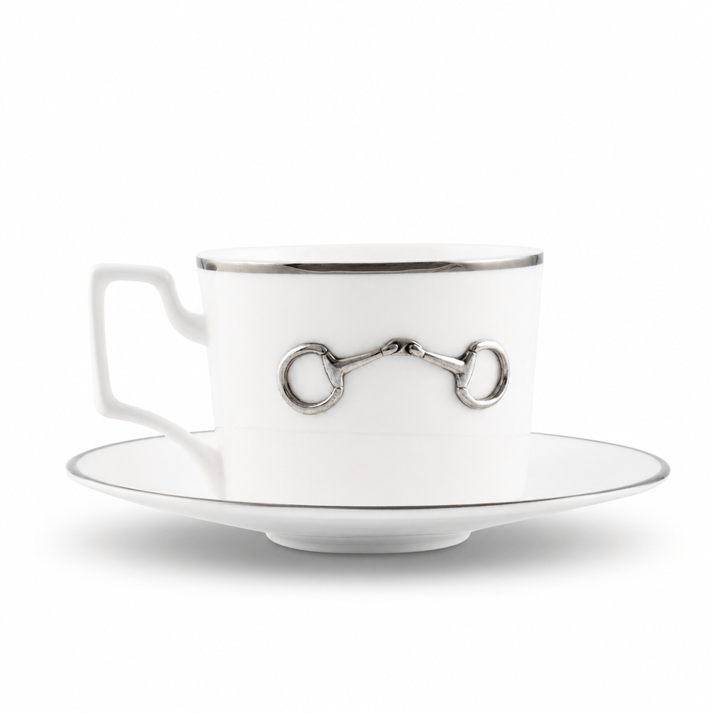 Pewter Bit Bone China Cup and Saucer Platinum Rim 1