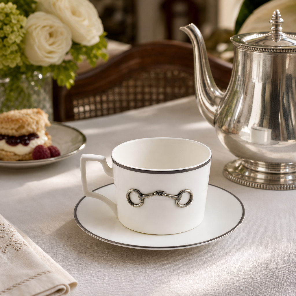 Pewter Bit Bone China Cup and Saucer Platinum Rim 5
