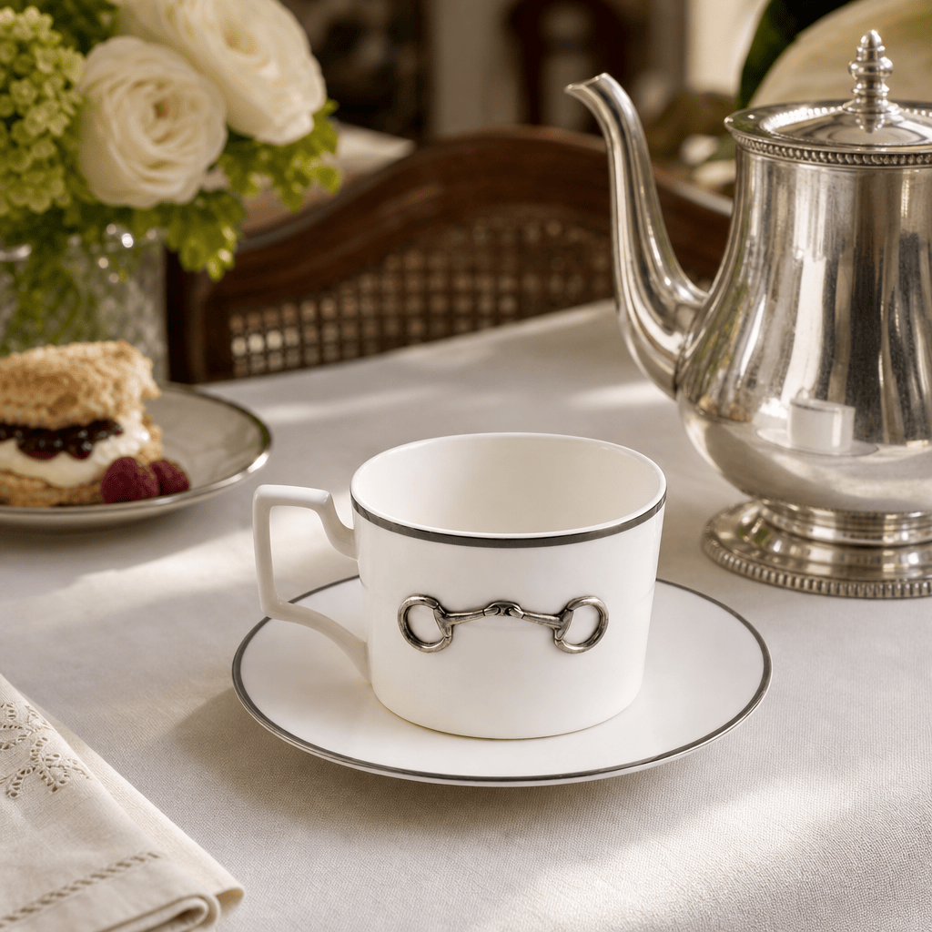Pewter Bit Bone China Cup and Saucer Platinum Rim 5