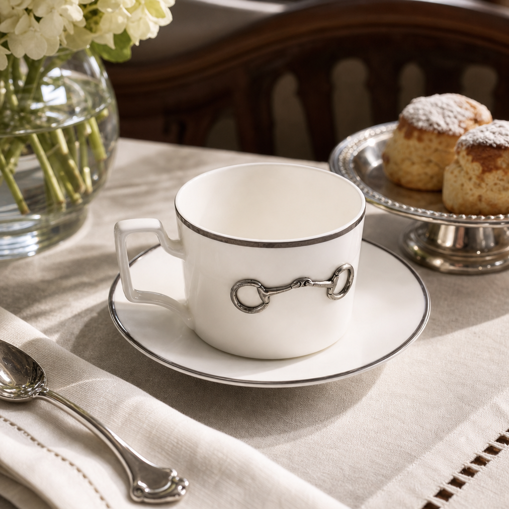 Pewter Bit Bone China Cup and Saucer Platinum Rim 6