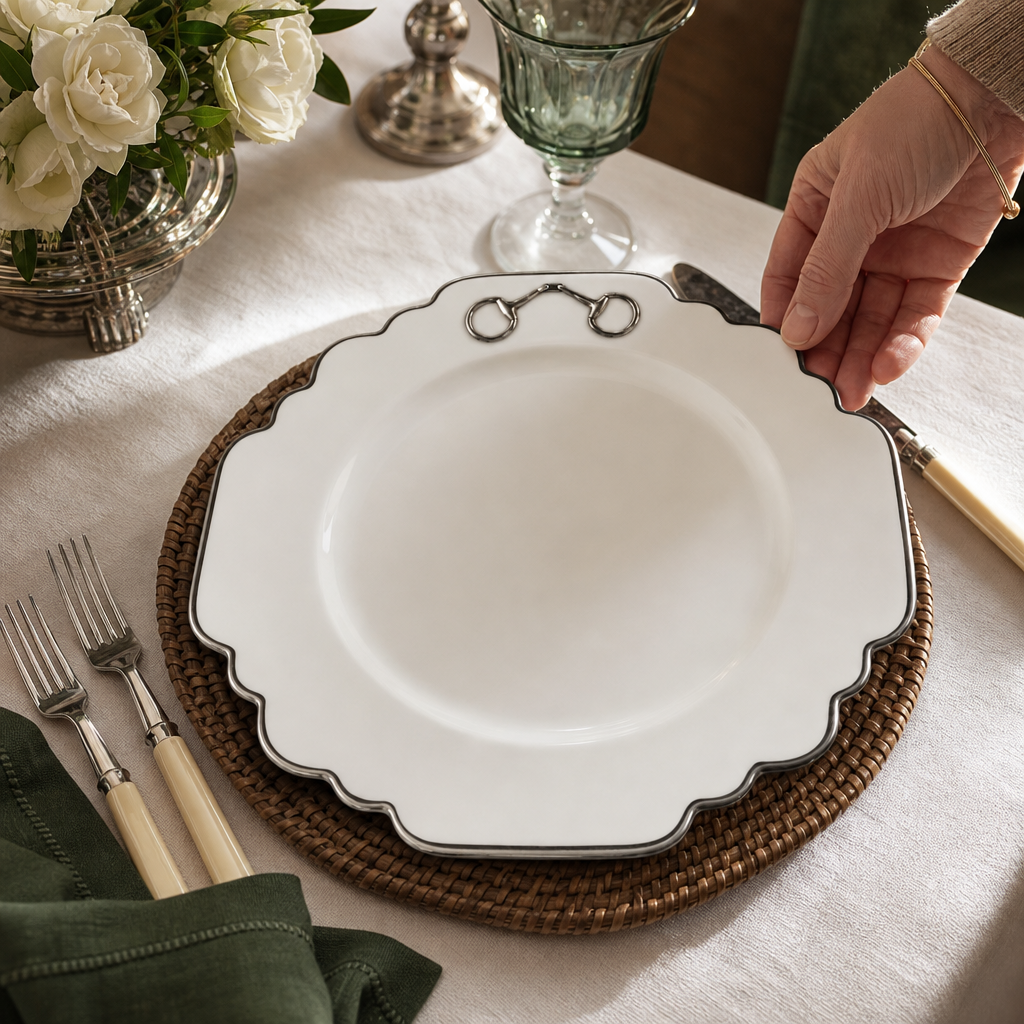 Pewter Bit Bone China Scallop Dinner Plate Platinum Rim 4