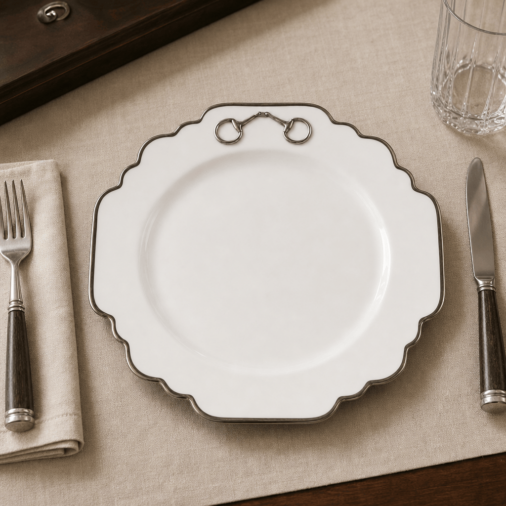 Pewter Bit Bone China Scallop Dinner Plate Platinum Rim 2