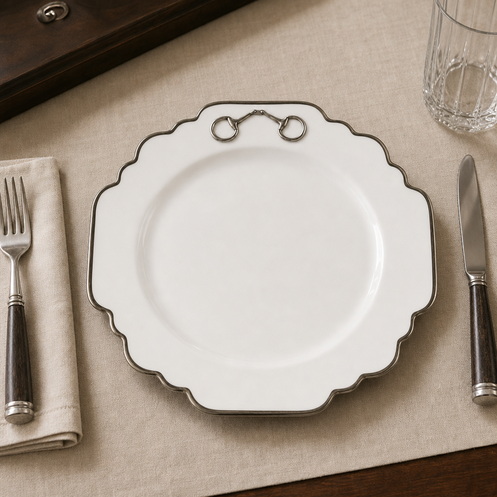 Pewter Bit Bone China Scallop Dinner Plate Platinum Rim 2