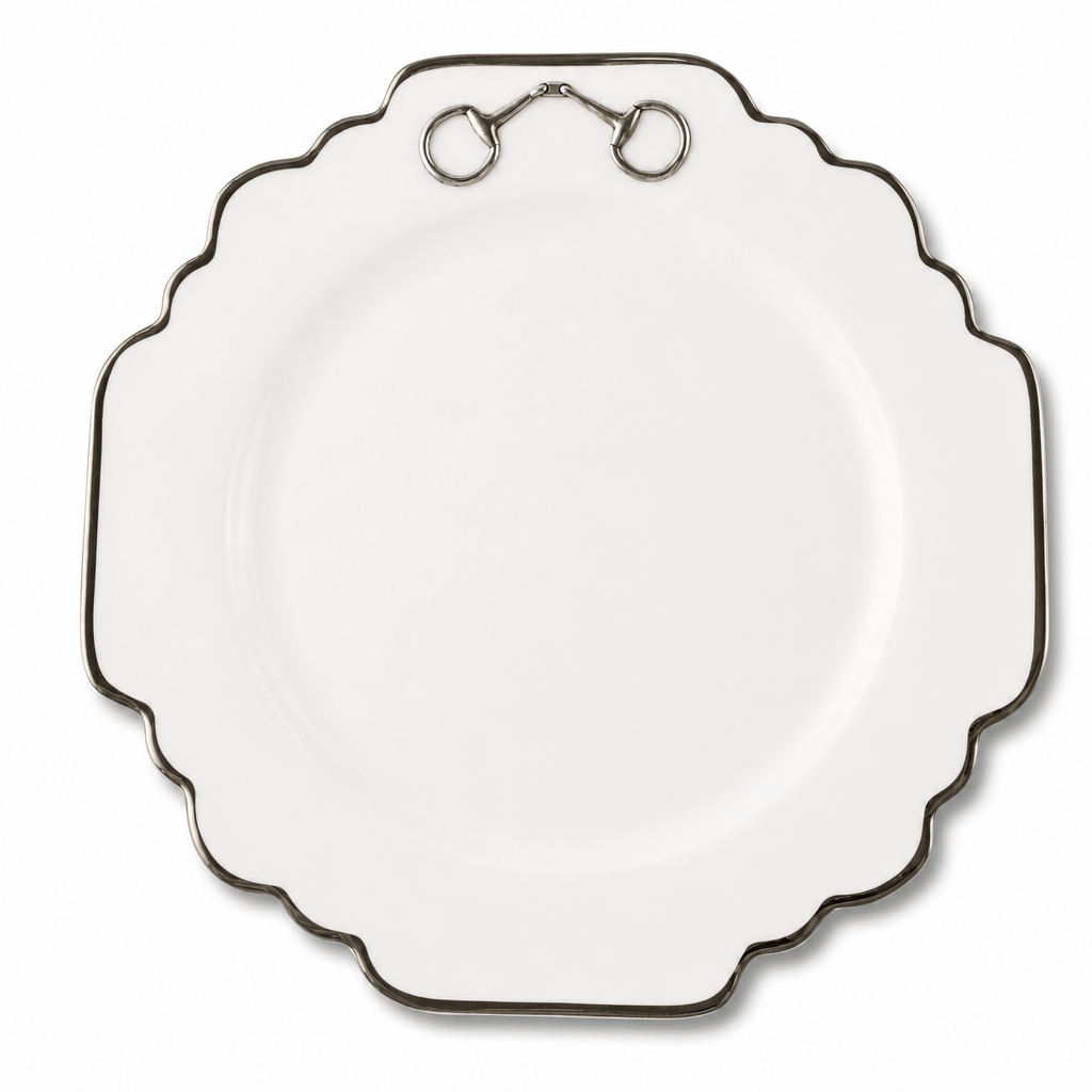 Pewter Bit Bone China Scallop Dinner Plate Platinum Rim 1