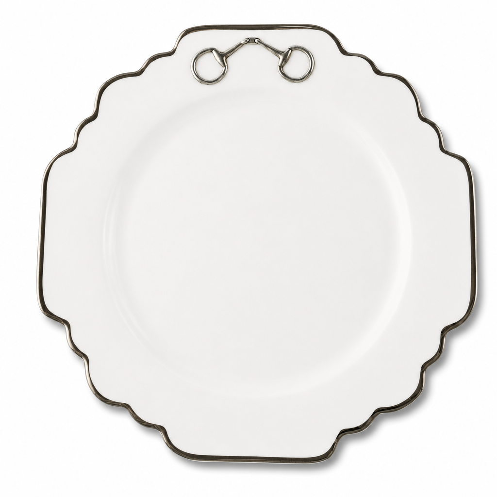 Pewter Bit Bone China Scallop Dinner Plate Platinum Rim 1