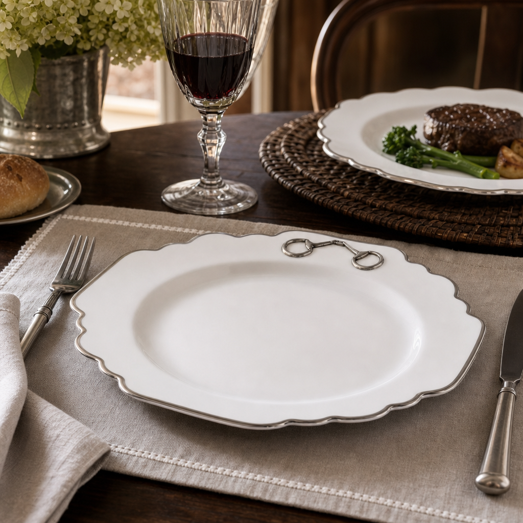 Pewter Bit Bone China Scallop Dinner Plate Platinum Rim 5
