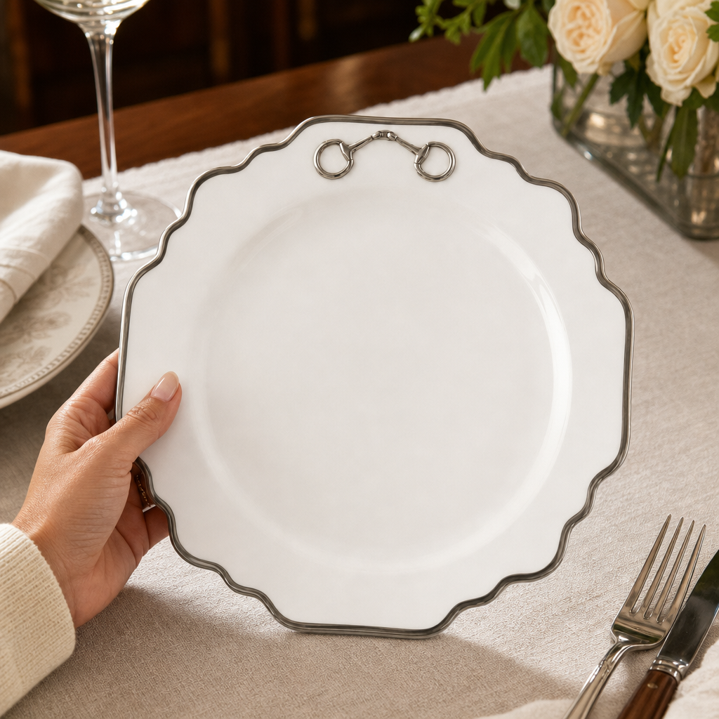 Pewter Bit Bone China Scallop Salad / Dessert Plate Platinum Rim 4
