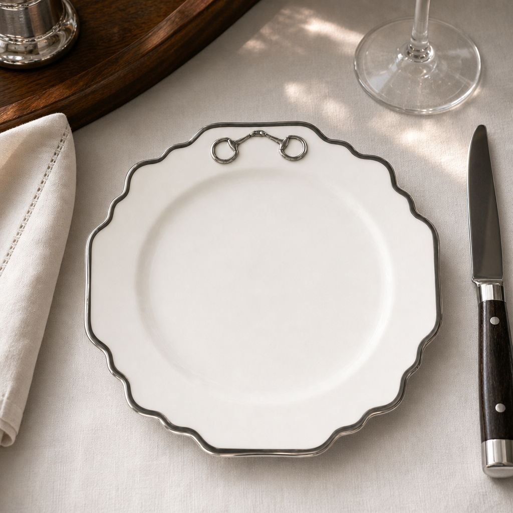 Pewter Bit Bone China Scallop Salad / Dessert Plate Platinum Rim 2