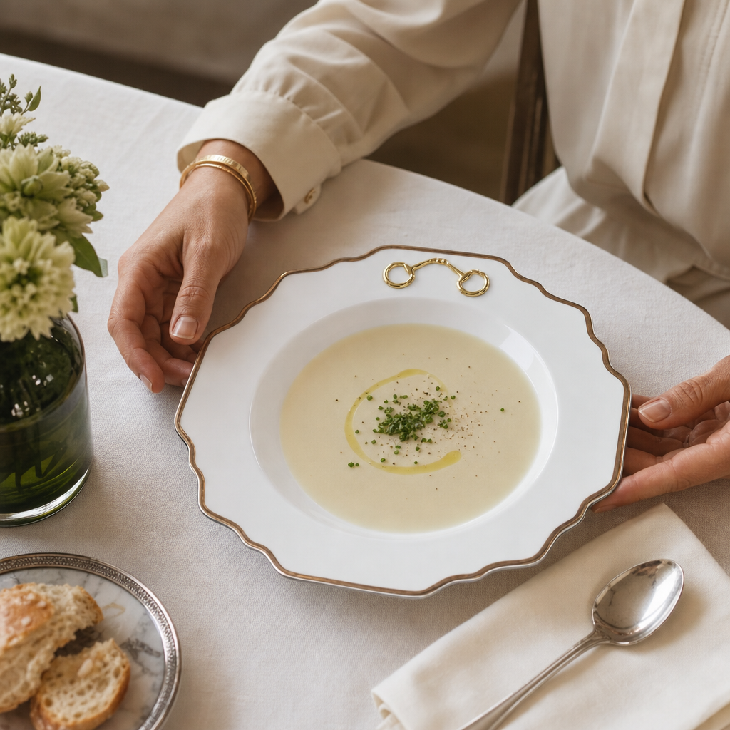 Gold Bit Bone China Scallop Soup Plate Gold Rim 4