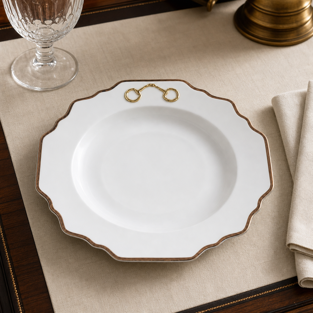Gold Bit Bone China Scallop Soup Plate Gold Rim 2