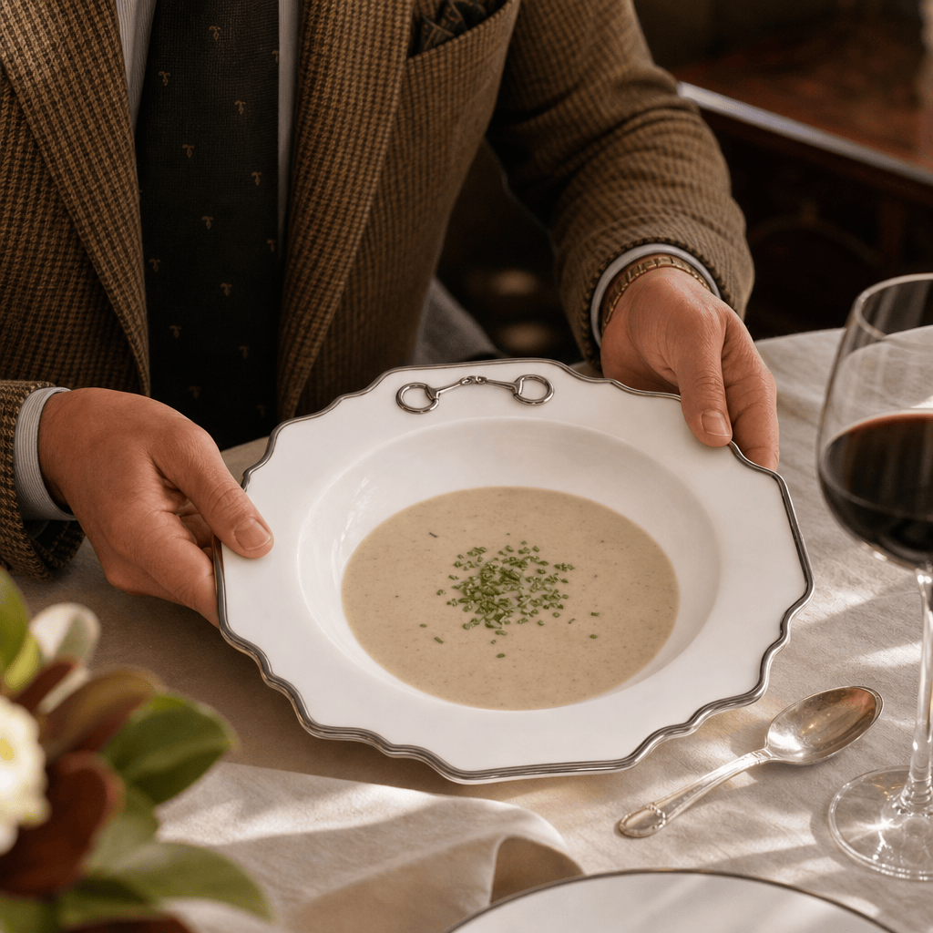 Pewter Bit Bone China Scallop Soup Plate Platinum Rim 4