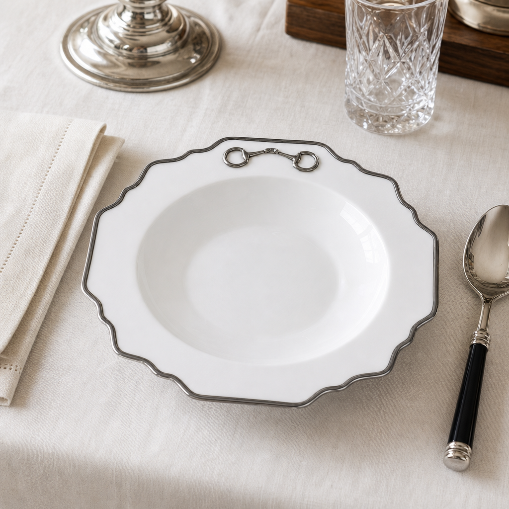 Pewter Bit Bone China Scallop Soup Plate Platinum Rim 2