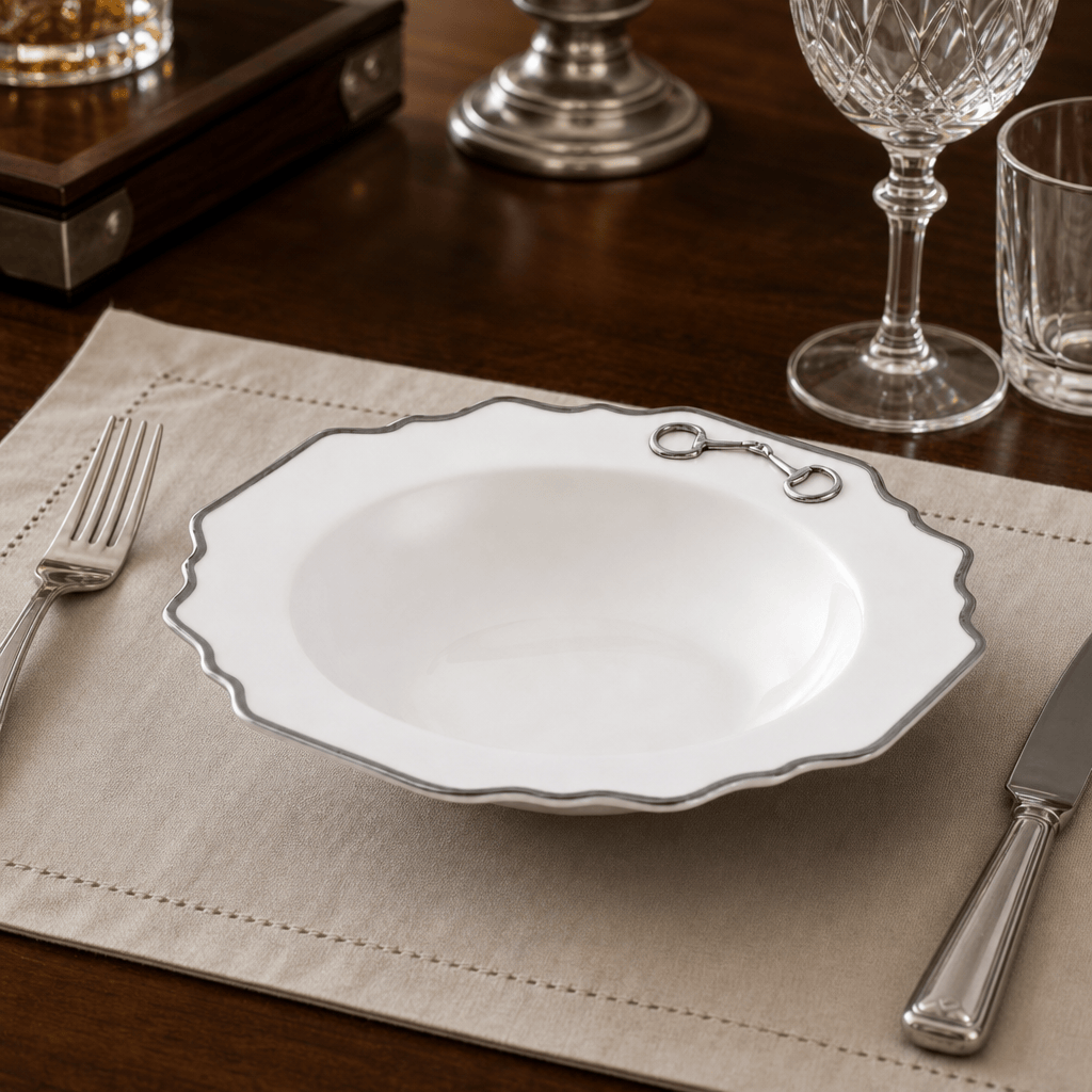 Pewter Bit Bone China Scallop Soup Plate Platinum Rim 3