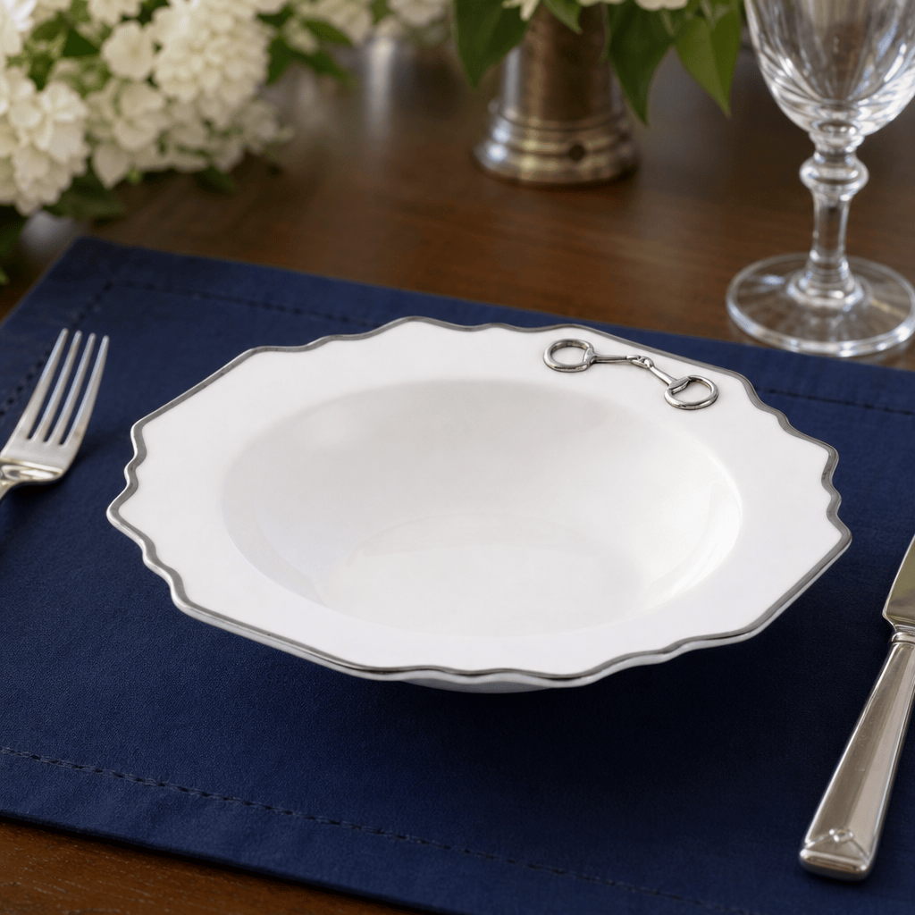 Pewter Bit Bone China Scallop Soup Plate Platinum Rim 6