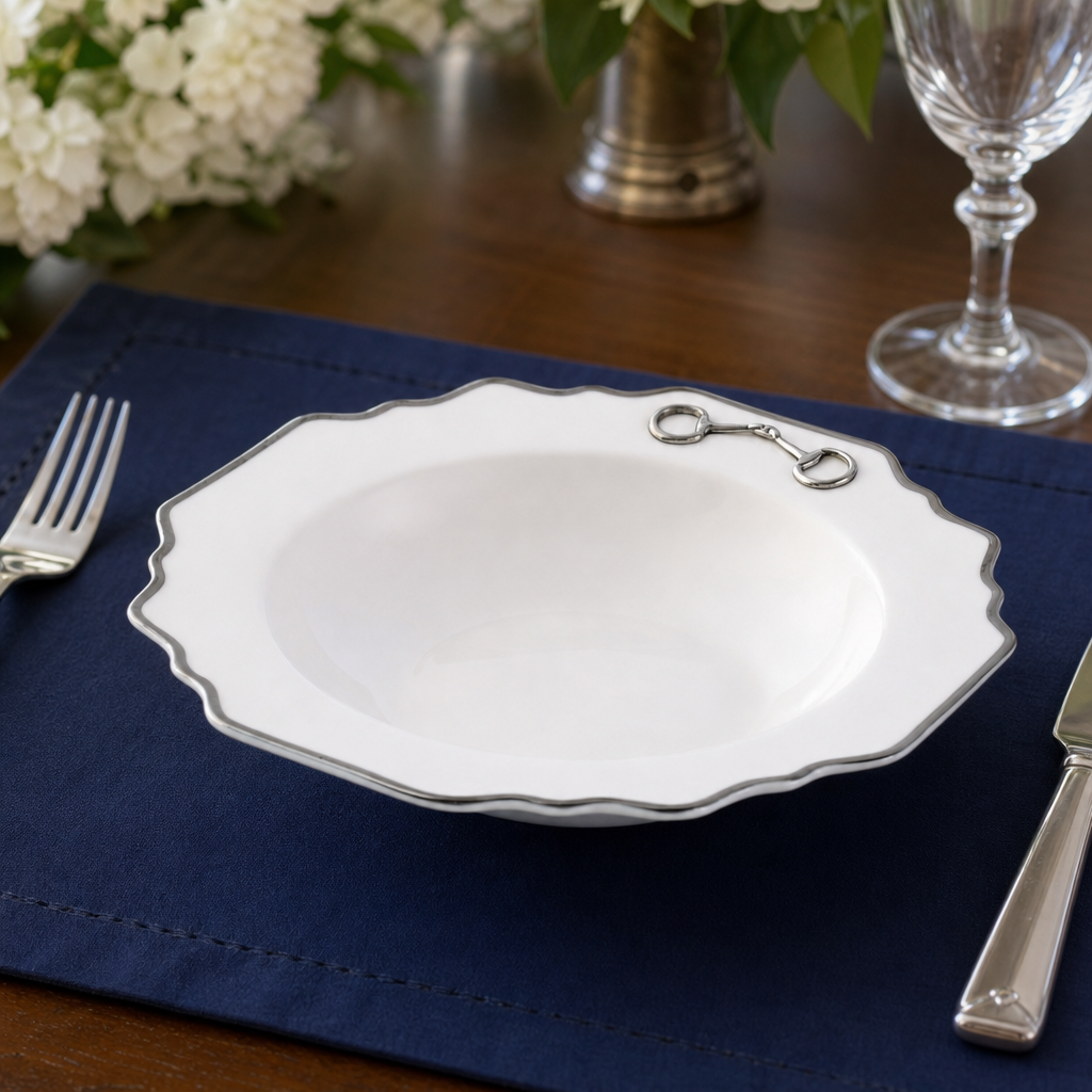 Pewter Bit Bone China Scallop Soup Plate Platinum Rim 6