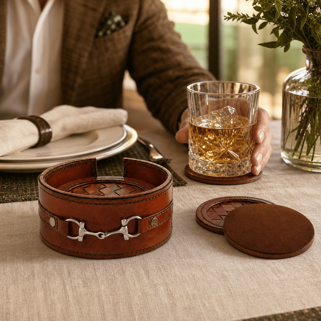 Premium Genuine Leather Coaster Set Bit - Set of 6 4