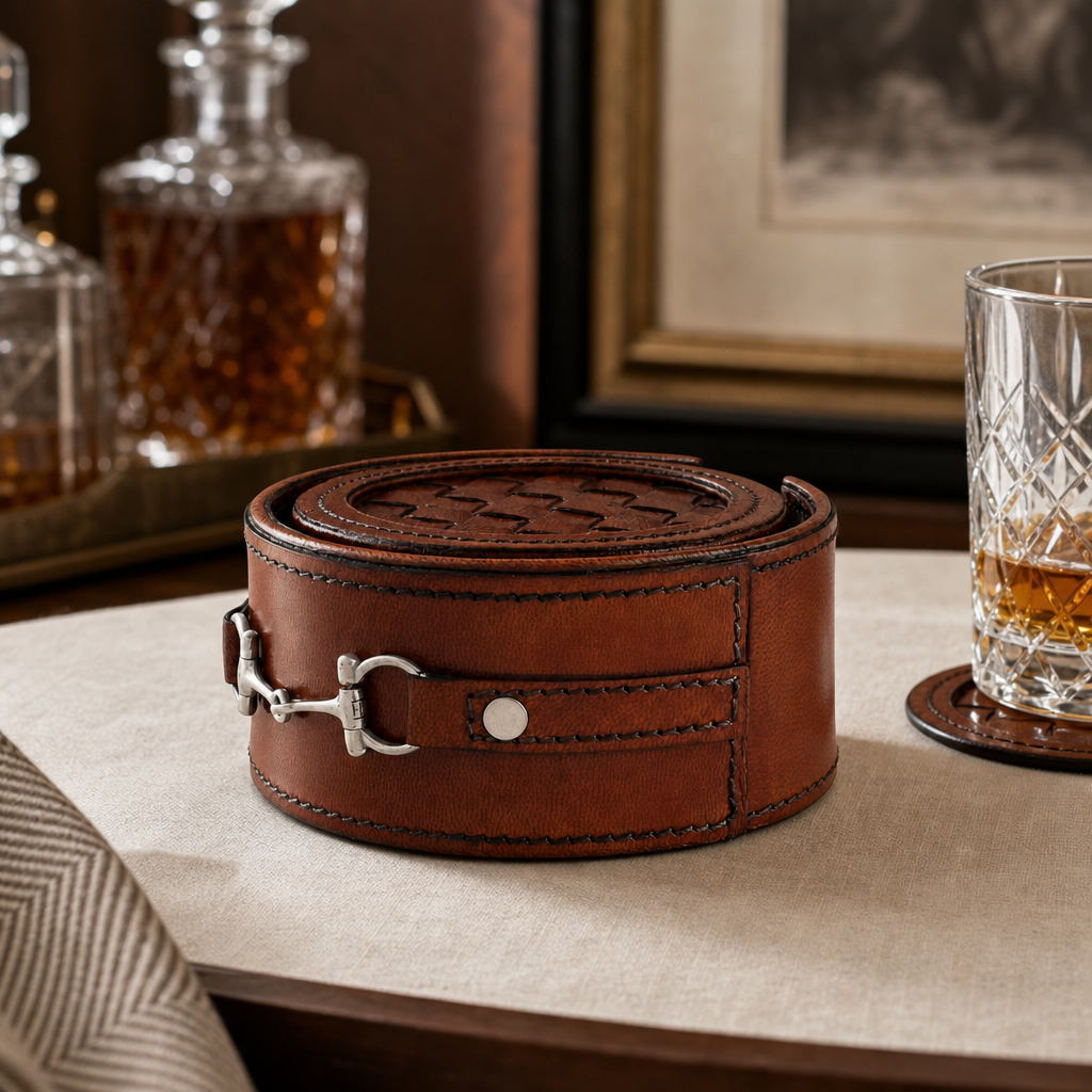 Premium Genuine Leather Coaster Set Bit - Set of 6 3