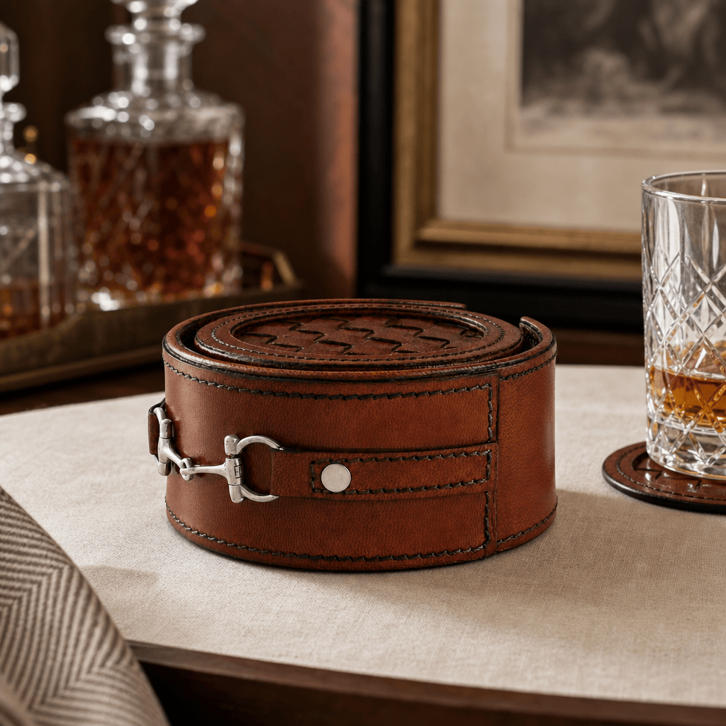 Premium Genuine Leather Coaster Set Bit - Set of 6 3