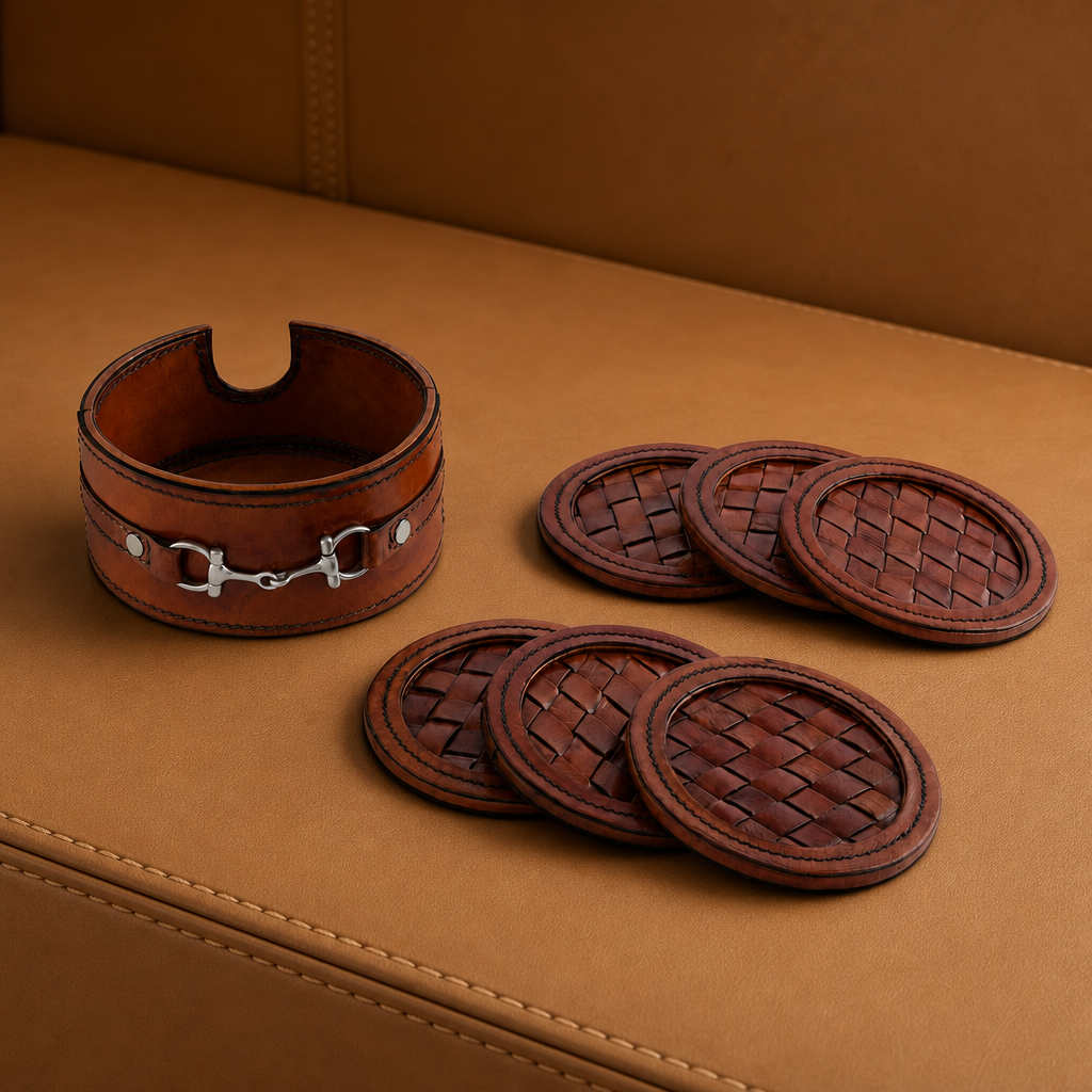 Premium Genuine Leather Coaster Set Bit - Set of 6 4