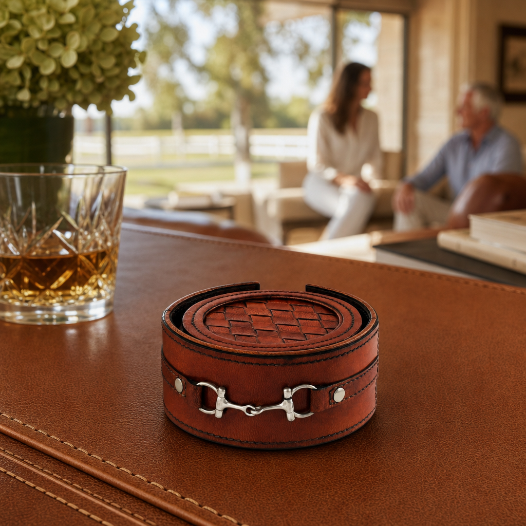 Premium Genuine Leather Coaster Set Bit - Set of 6 9