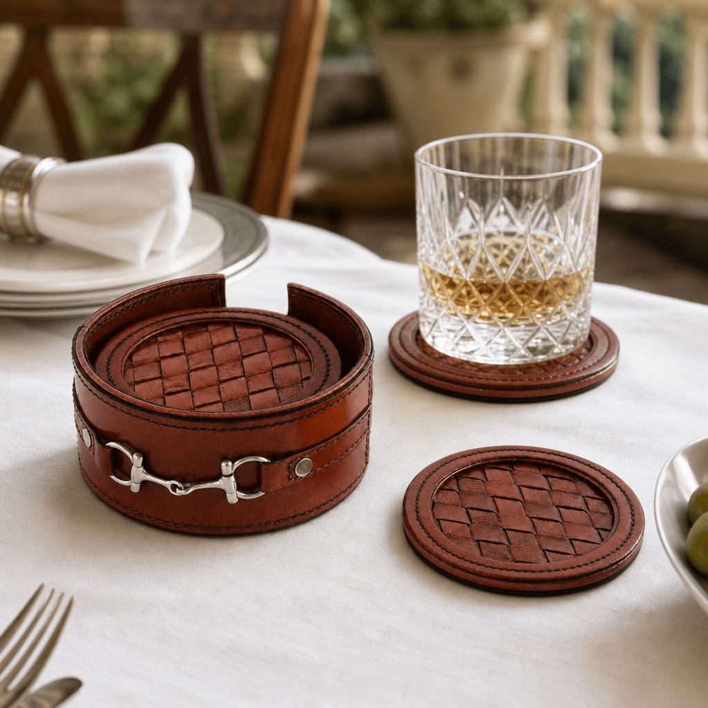 Premium Genuine Leather Coaster Set Bit - Set of 6 9