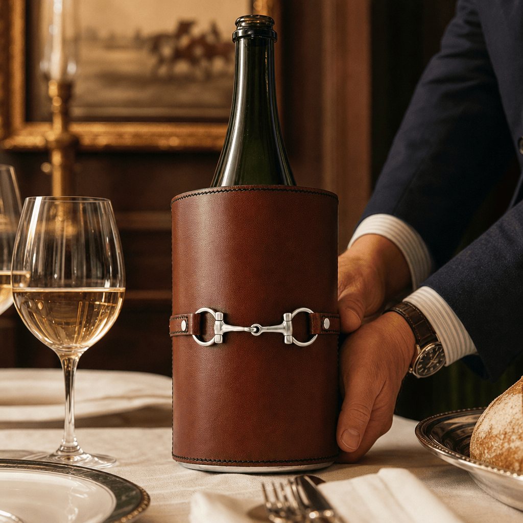 Premium Genuine Leather Bit Wine Bottle Chiller - Stainless Lined 4