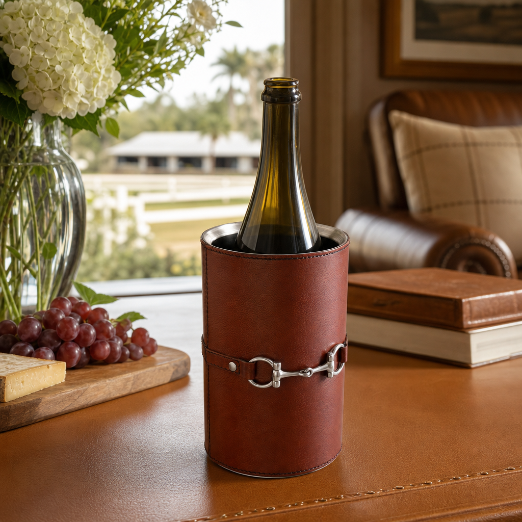 Premium Genuine Leather Bit Wine Bottle Chiller - Stainless Lined 7