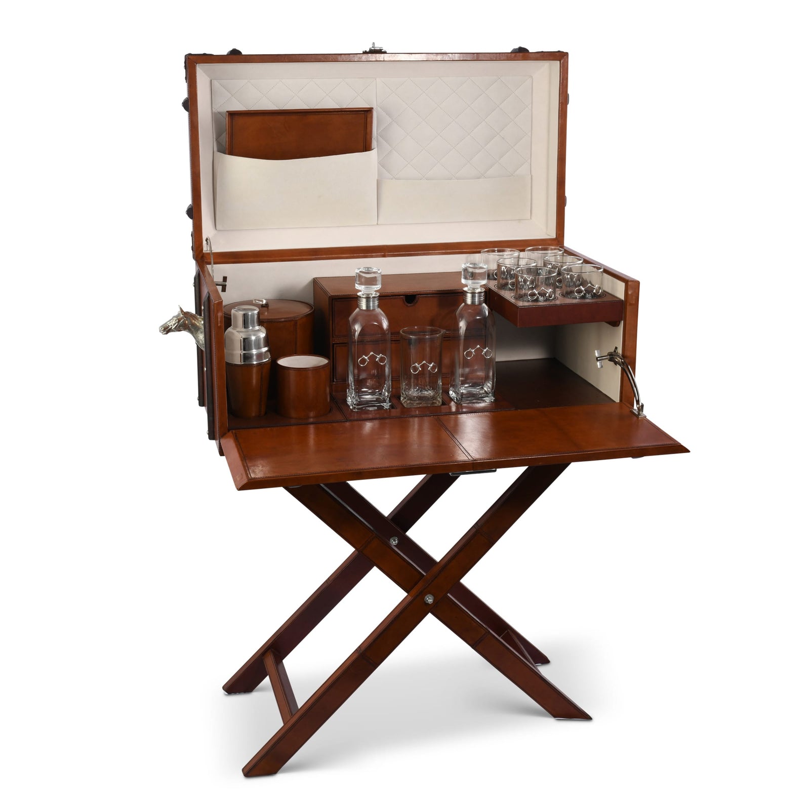 Horse Handle Cognac Leather Bar Table Set
