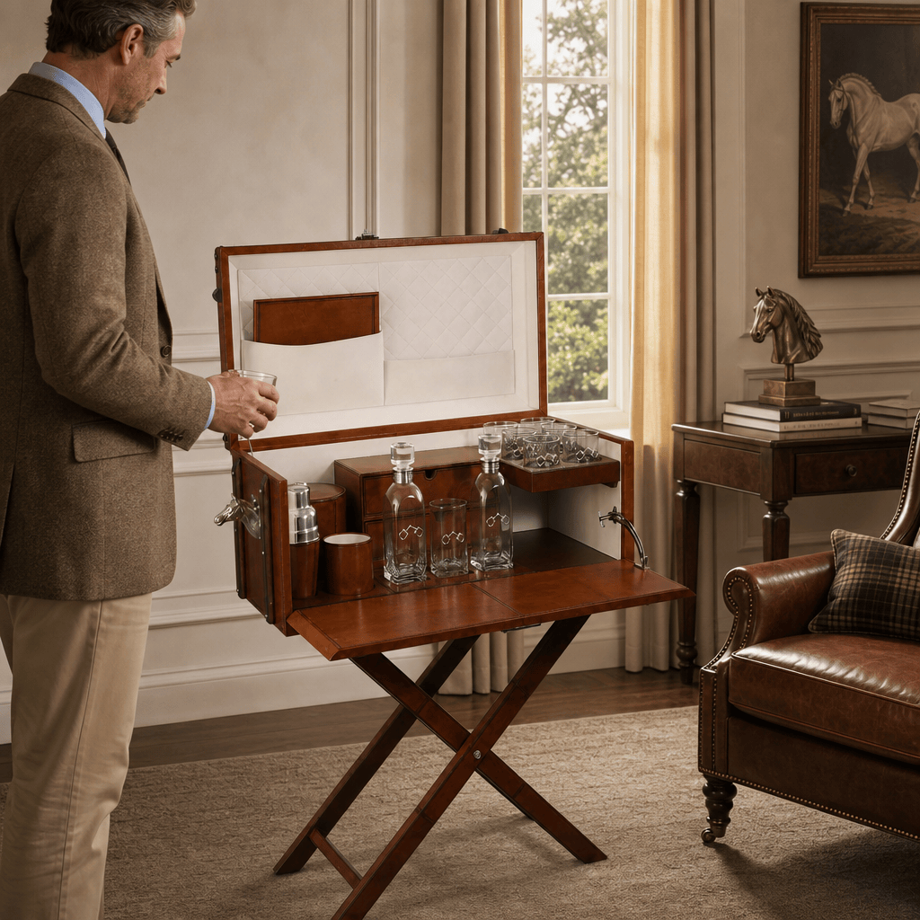 Horse Handle Cognac Leather Bar Table Set 4