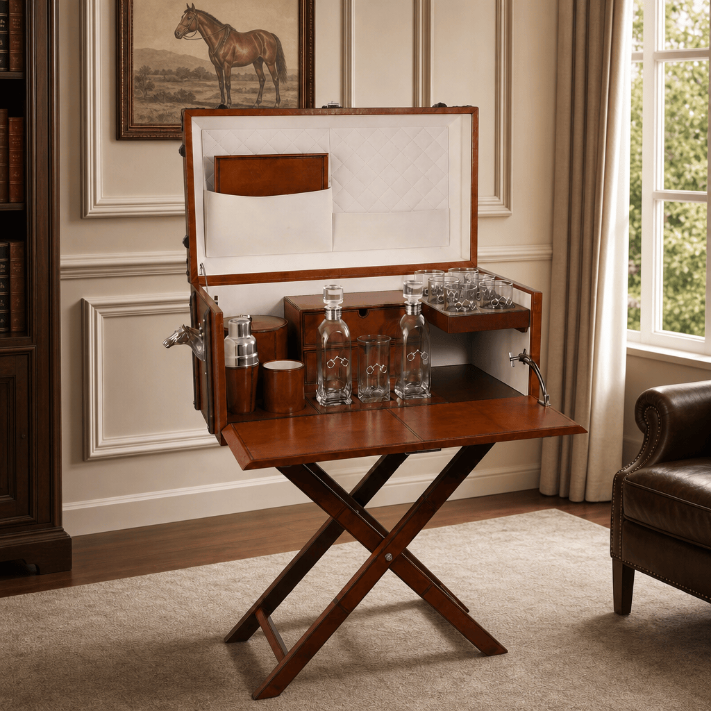 Horse Handle Cognac Leather Bar Table Set 2