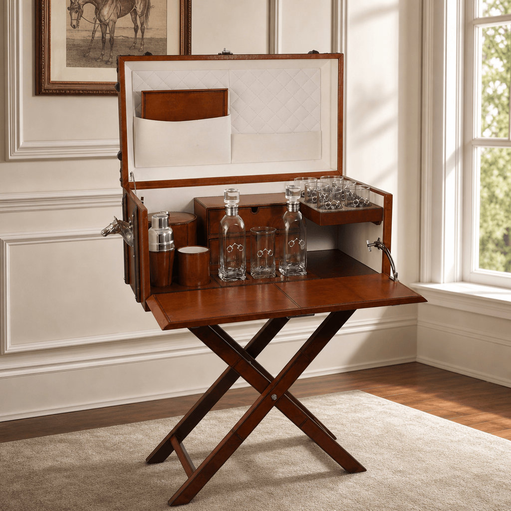 Horse Handle Cognac Leather Bar Table Set 1