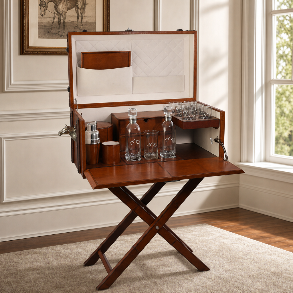 Horse Handle Cognac Leather Bar Table Set 1