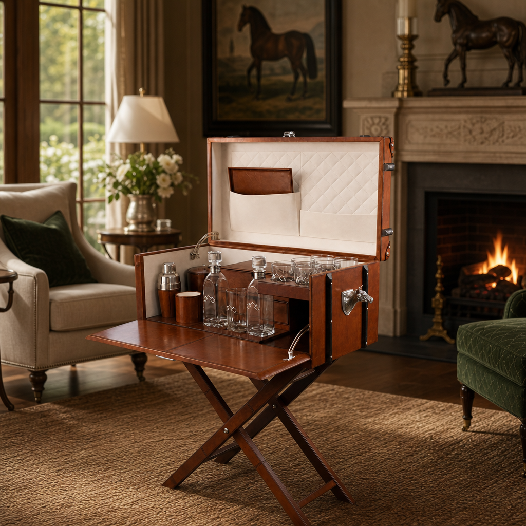 Horse Handle Cognac Leather Bar Table Set 5