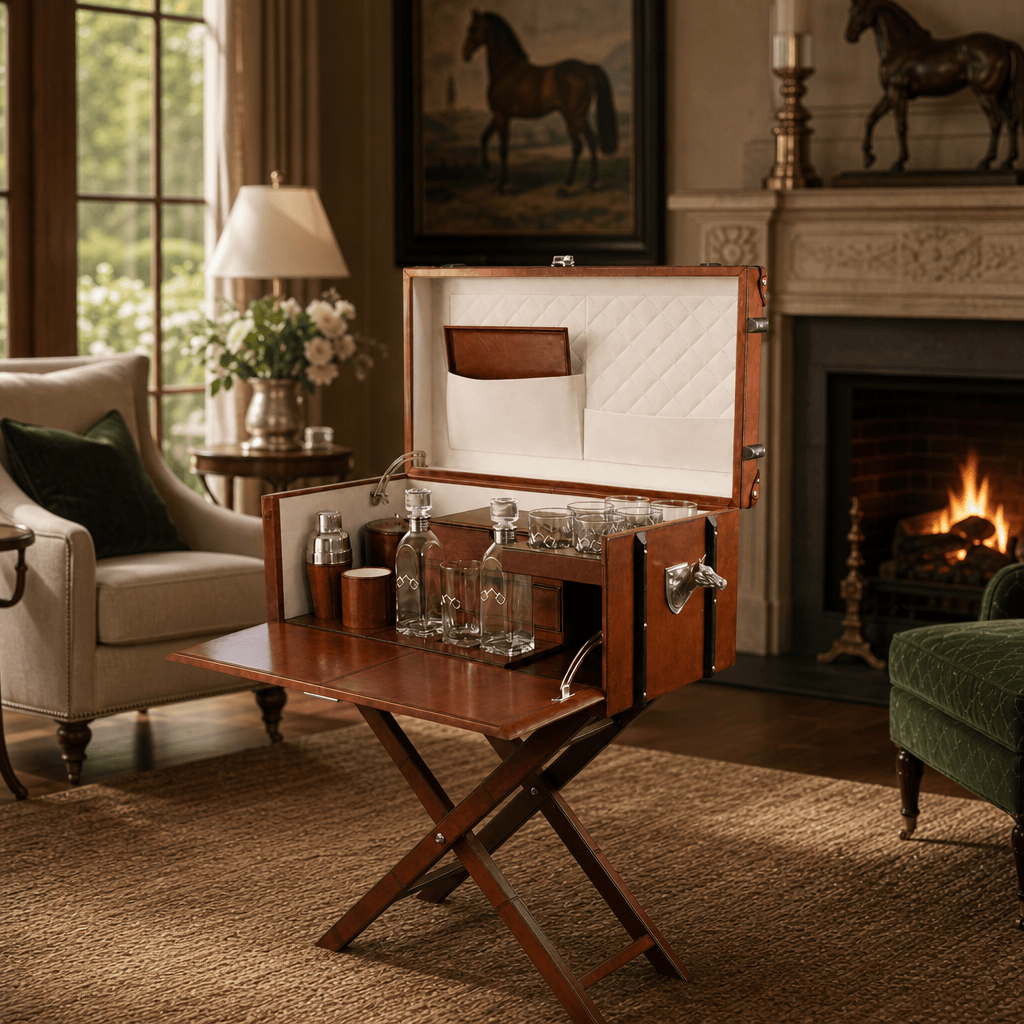 Horse Handle Cognac Leather Bar Table Set 5