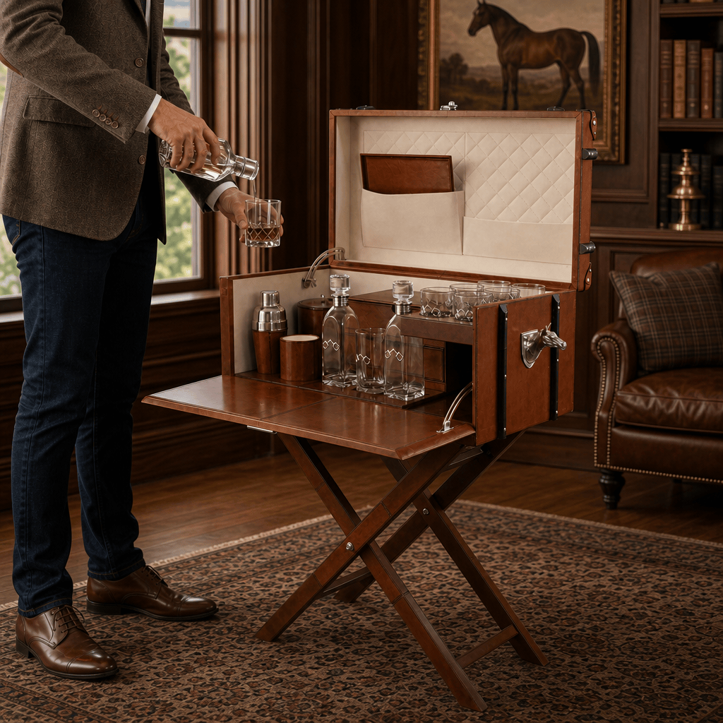 Horse Handle Cognac Leather Bar Table Set 3