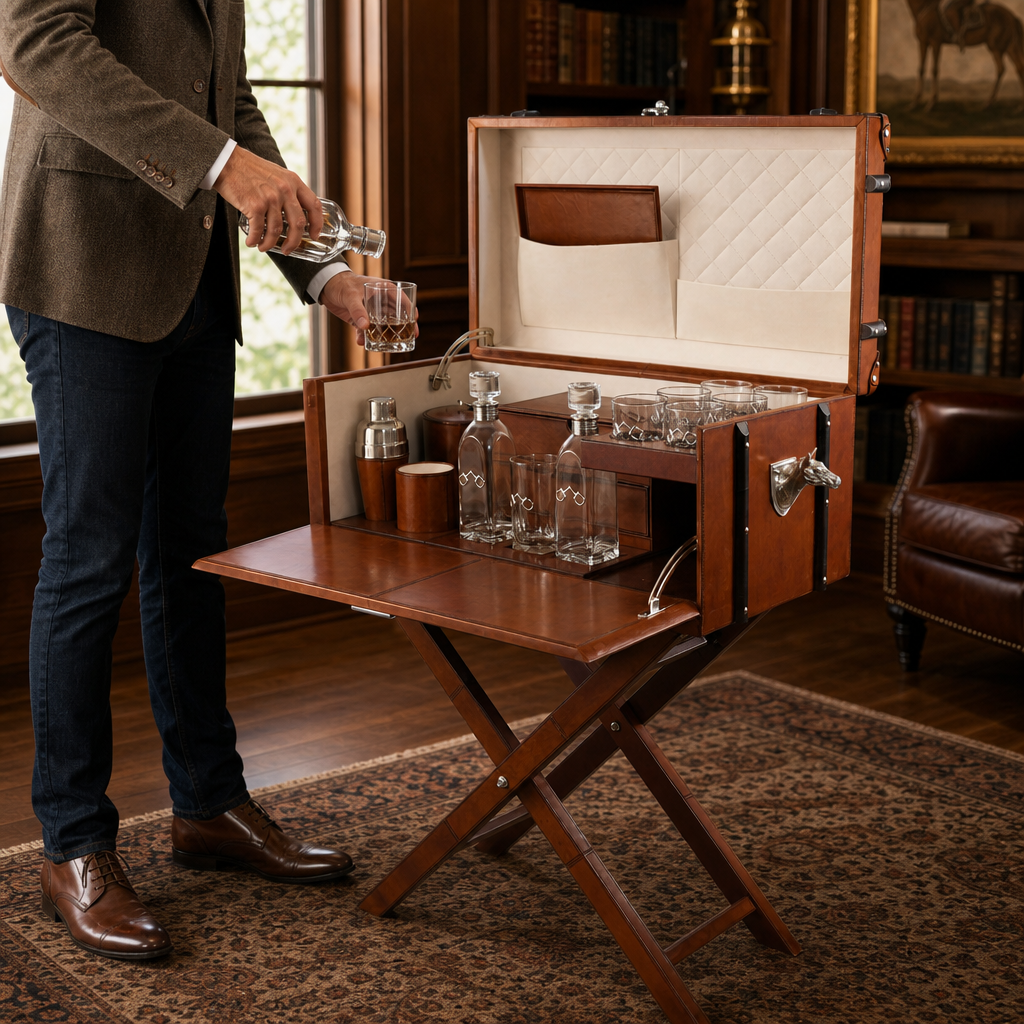 Horse Handle Cognac Leather Bar Table Set 10