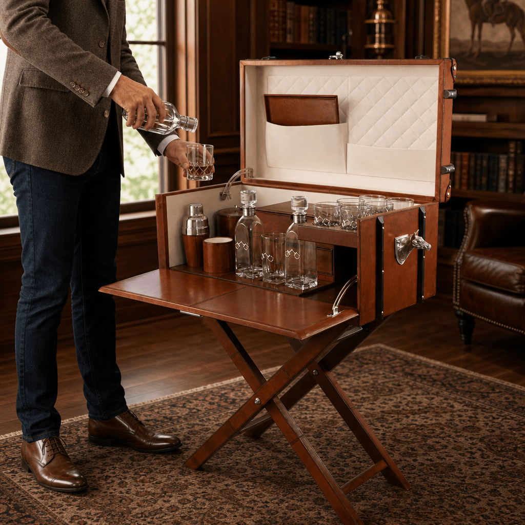 Horse Handle Cognac Leather Bar Table Set 10