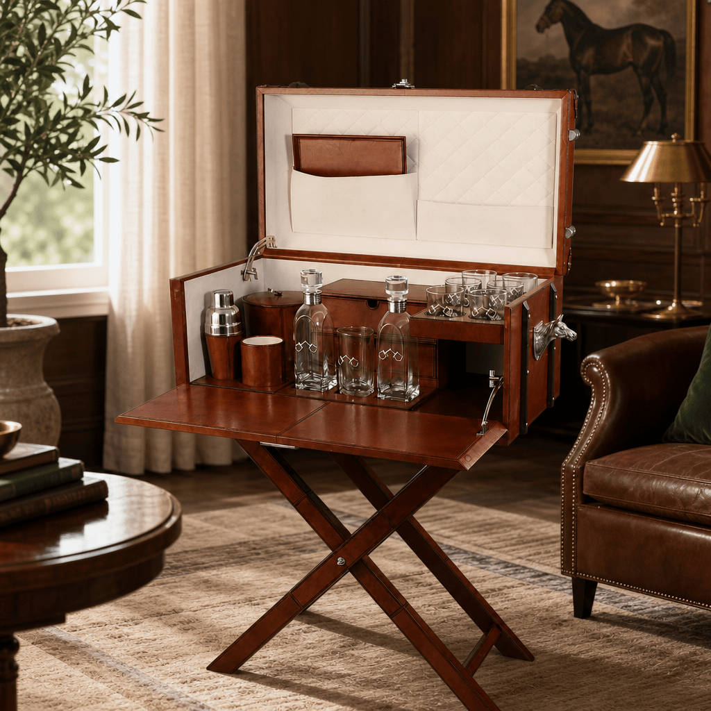 Horse Handle Cognac Leather Bar Table Set 6