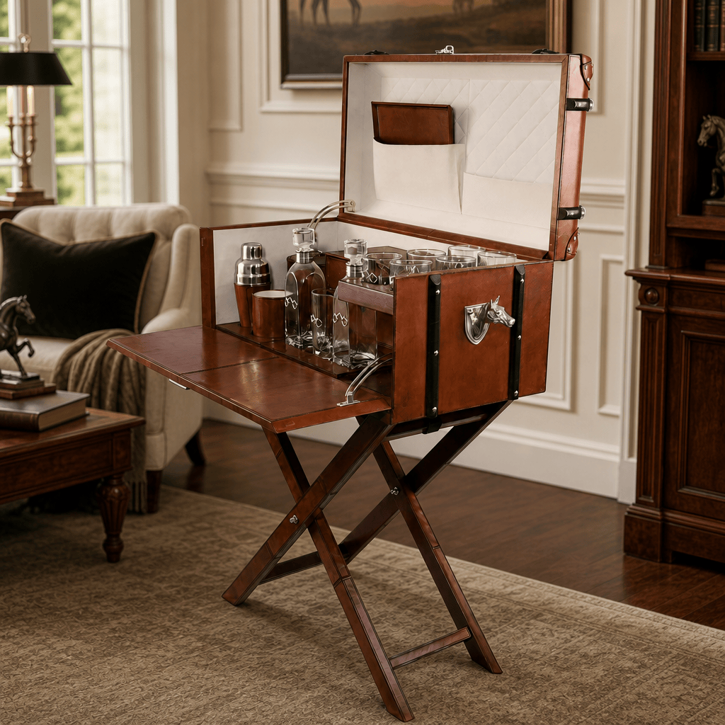 Horse Handle Cognac Leather Bar Table Set 7
