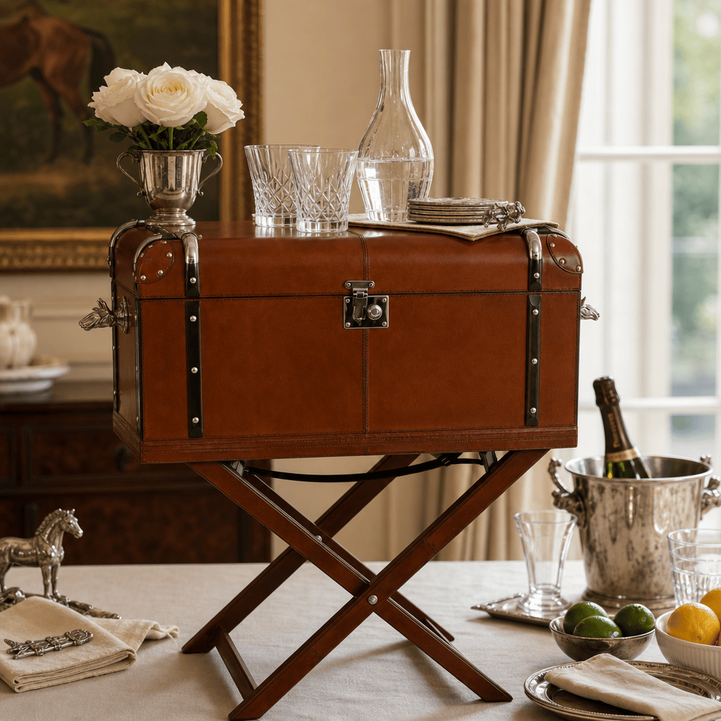 Horse Handle Cognac Leather Bar Table Set 9