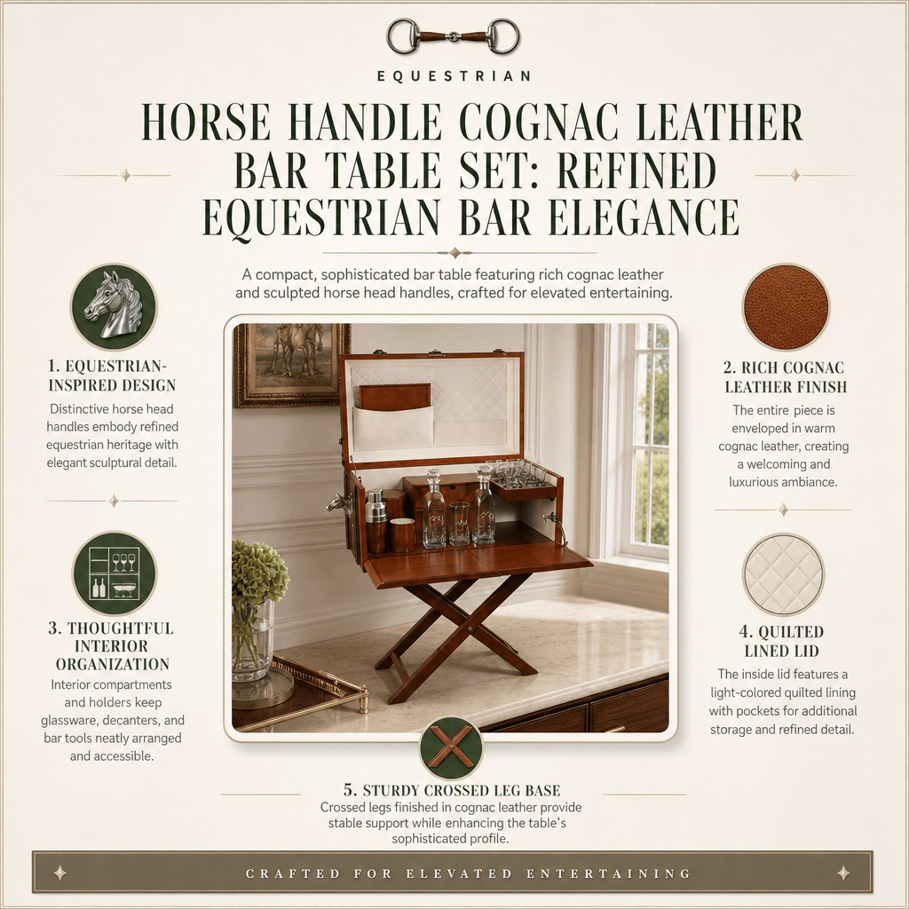 Horse Handle Cognac Leather Bar Table Set 11
