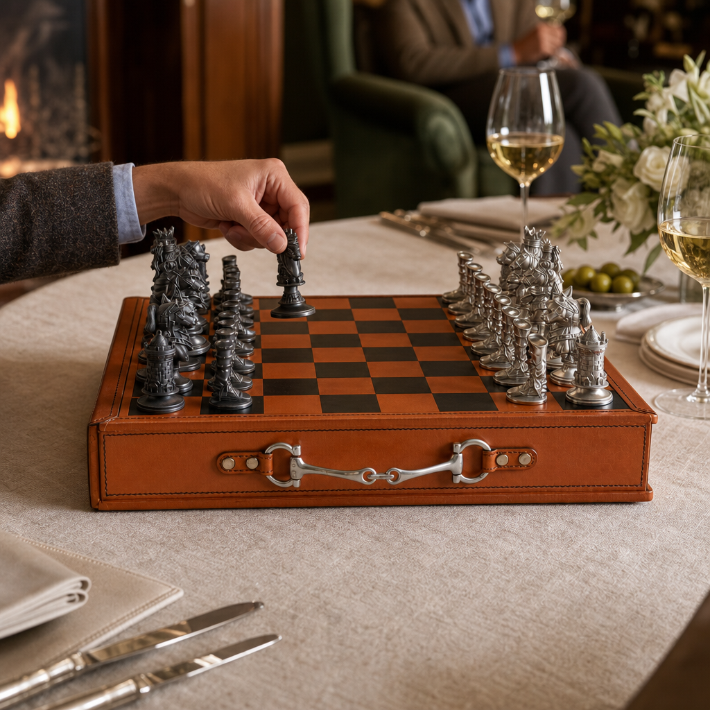 Equestrian Hunt Chess Set Leather Board and Storage 4