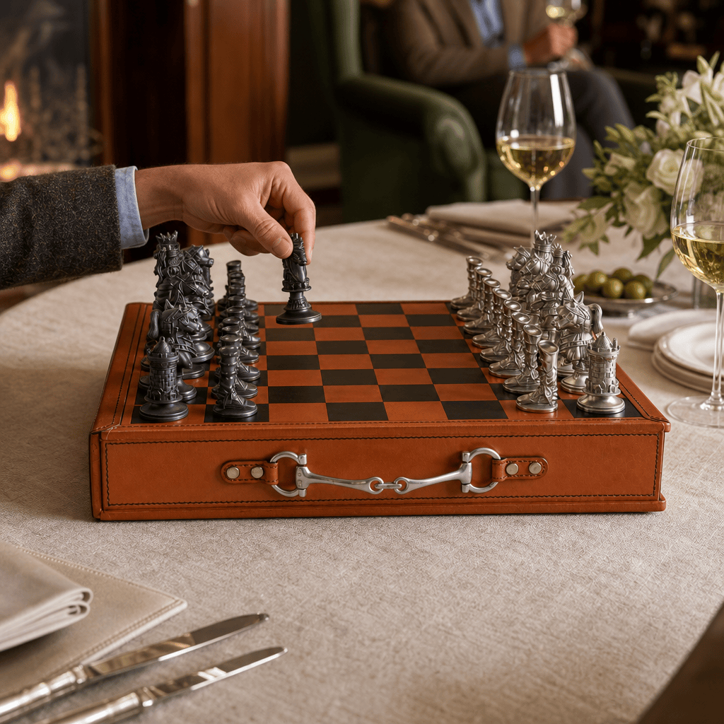 Equestrian Hunt Chess Set Leather Board and Storage 4