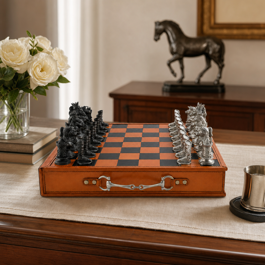 Equestrian Hunt Chess Set Leather Board and Storage 2
