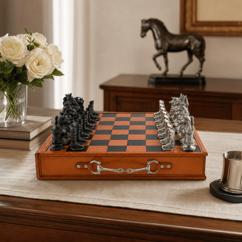 Equestrian Hunt Chess Set Leather Board and Storage 2
